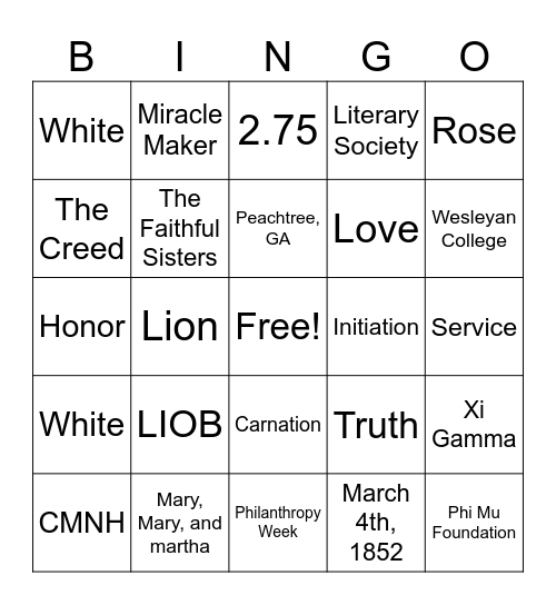Phi Mu Bingo! Bingo Card