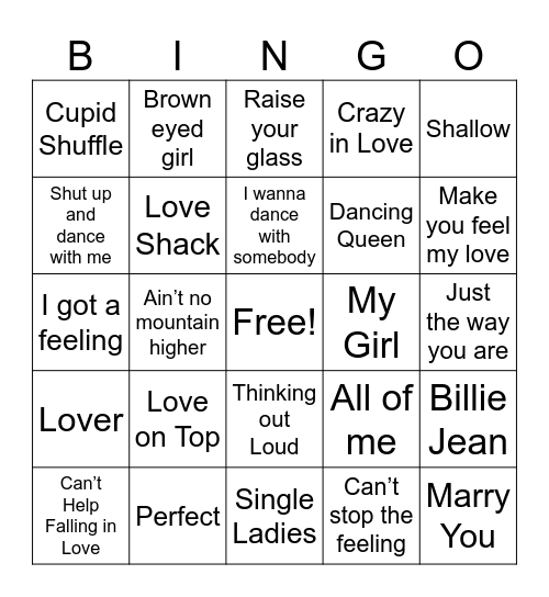 Wedding Song Bingo Card