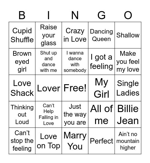 Wedding Song Bingo Card