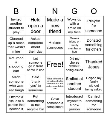 Kindness Bingo Card