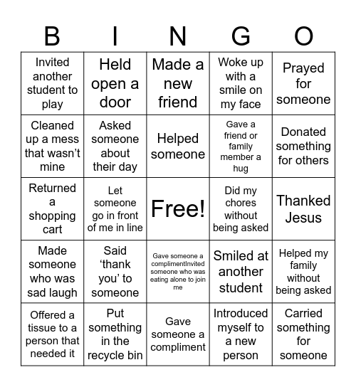 Kindness Bingo Card