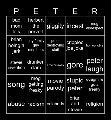 Family guy Bingo Card