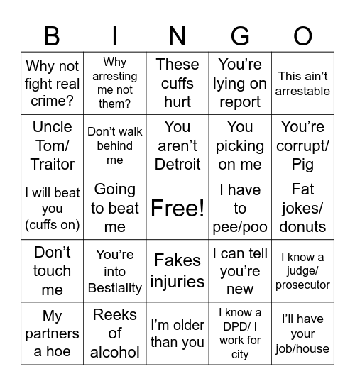 Arrest Bingo Card