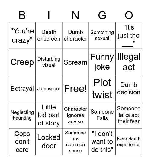 Horror movie bingo Card