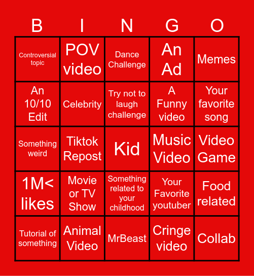 Youtube Bingo Card