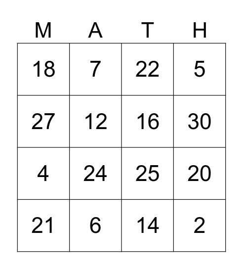 Beginning Multiplication Bingo Card