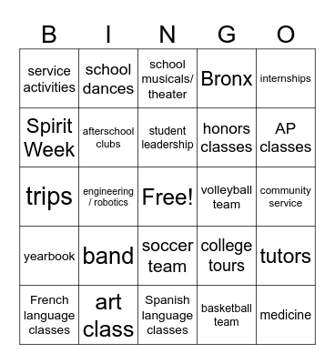 Catholic High School BINGO Card
