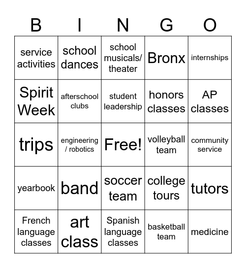 Catholic High School BINGO Card