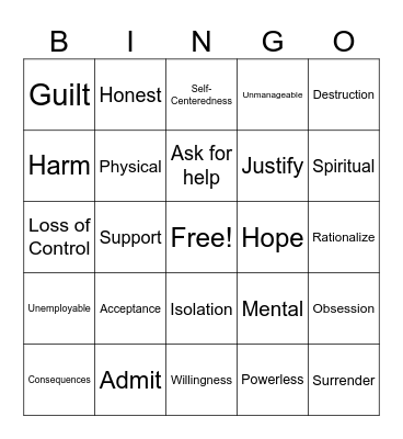Step One Bingo Card