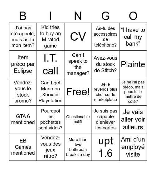 GameStop Bingo Card