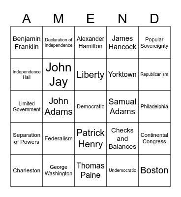 Founding Fathers “AMEND” Bingo Card