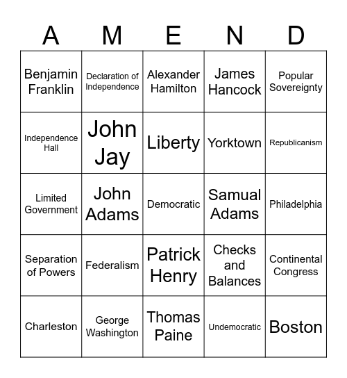 Founding Fathers “AMEND” Bingo Card