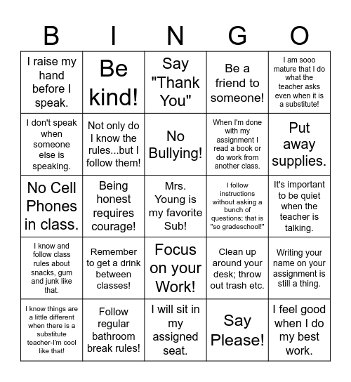 Class Rules Bean-go! Jr. High (Young 2024) Bingo Card