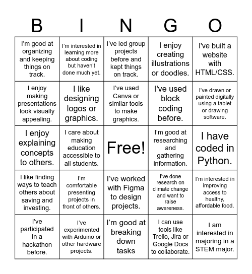 PreHacks Teams Bingo Card