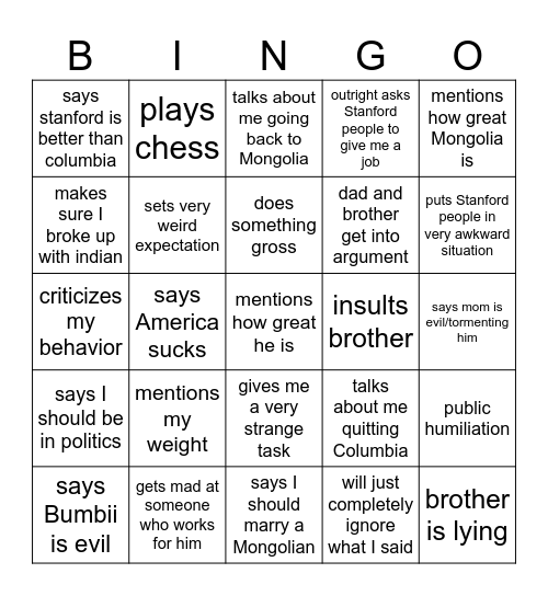 trip bingo Card