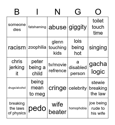 Family guy bingo Card