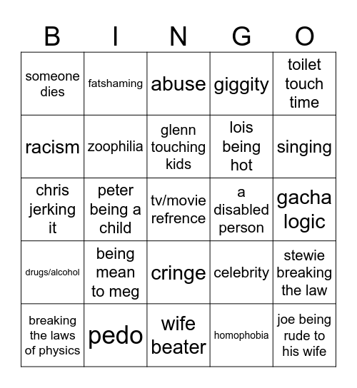 Family guy bingo Card
