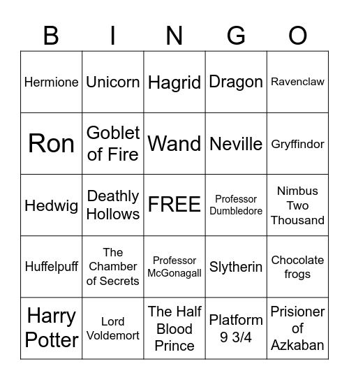Harry Potter Bingo Card