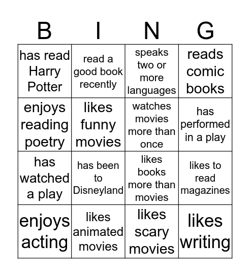 Storytelling Bingo Bingo Card
