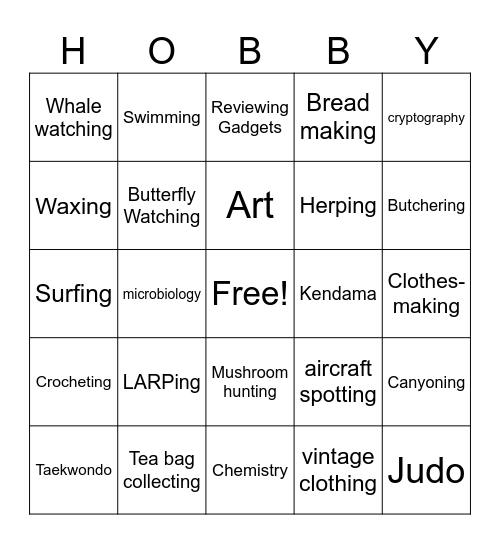 Hobbies and interests Bingo Card