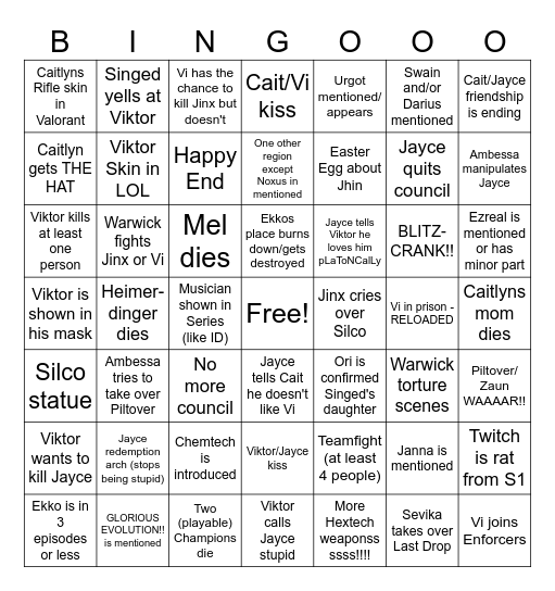 Arcane S2 Bingo Card