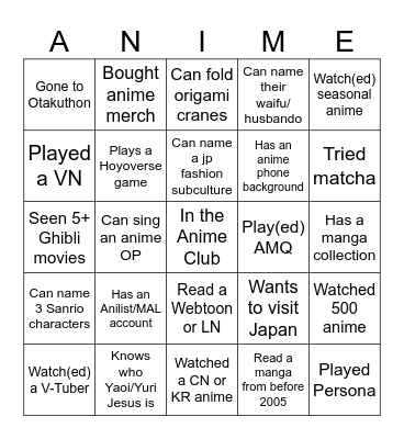 ANIME CLUB! Bingo Card