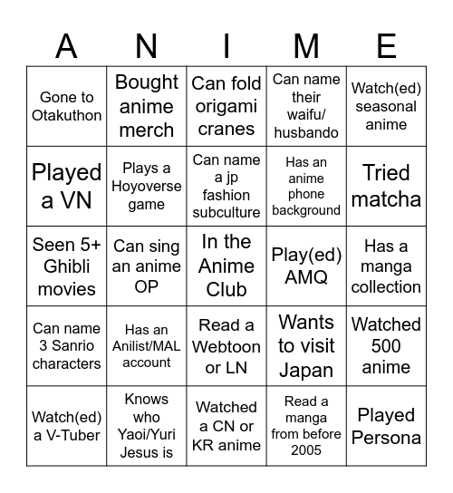 ANIME CLUB! Bingo Card