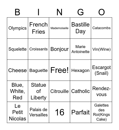 French bingo! Bingo Card