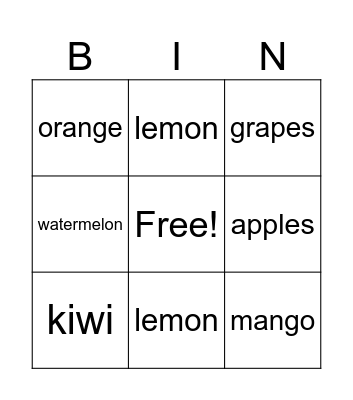 english Bingo Card