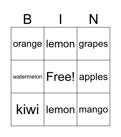 english Bingo Card