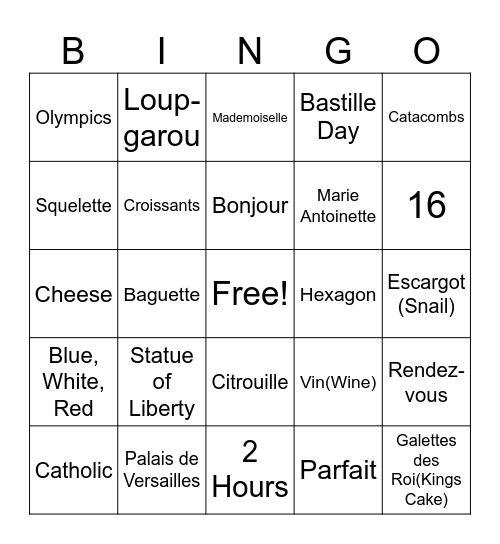 French bingo! Bingo Card