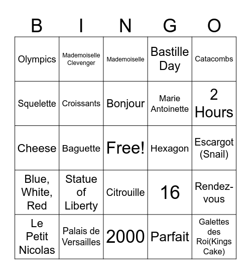 French bingo! Bingo Card