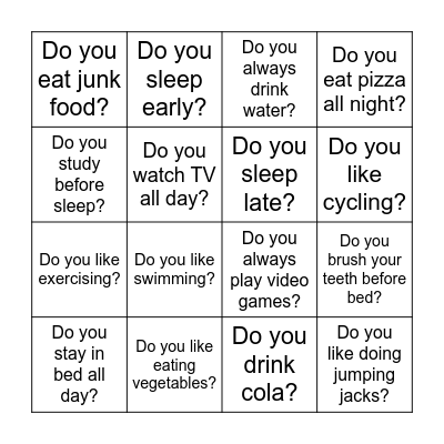 Exercise Bingo Card