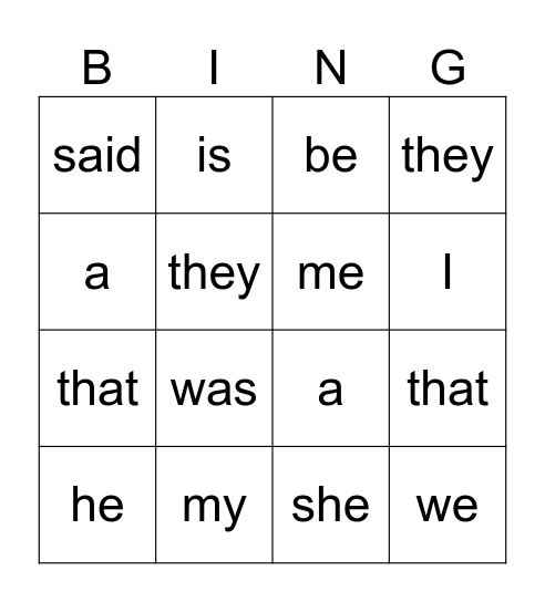 Tricky words Bingo Card