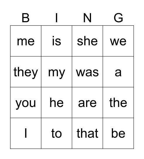 Tricky words Bingo Card