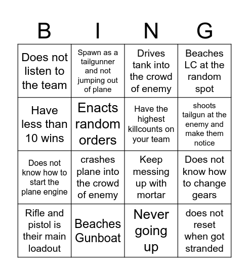 Airship Assualt Noob bingo card Bingo Card