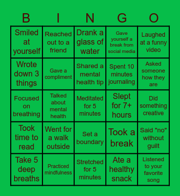 Mental Health Bingo Card