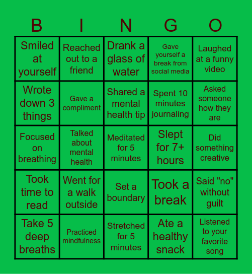 Mental Health Bingo Card