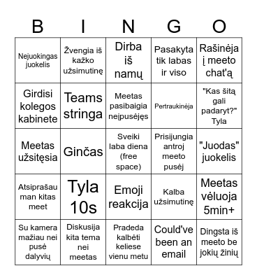 Teams'ų meet'ų Bingo Card