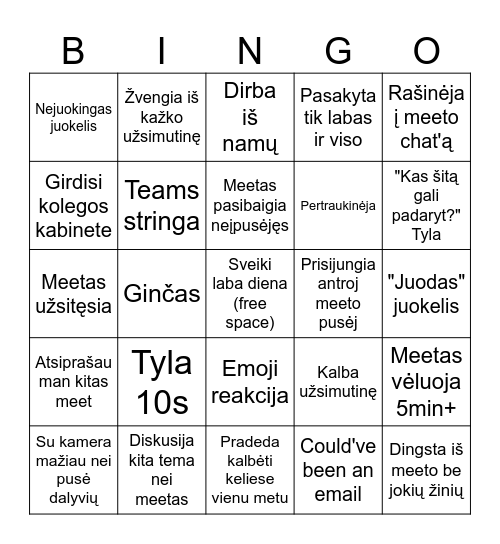 Teams'ų meet'ų Bingo Card