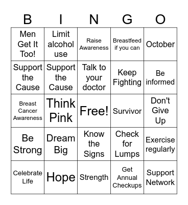 Breast Cancer Awareness Bingo Card