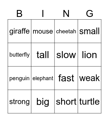 Animals and Adjectives Bingo Card