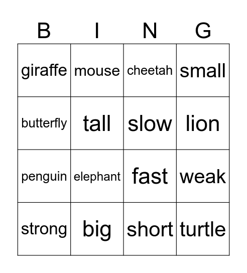 Animals and Adjectives Bingo Card