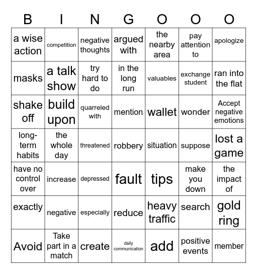 听力词汇6  name:____________ Bingo Card