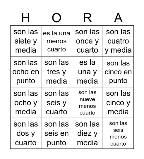 ¿Qué hora es? Palabras Bingo Card