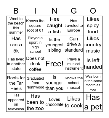 Northwood People Bingo Card