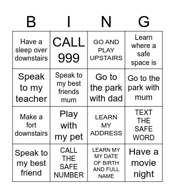 safety planning Bingo Card