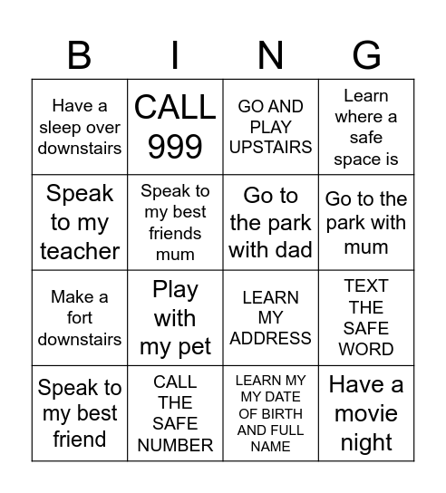 safety planning Bingo Card