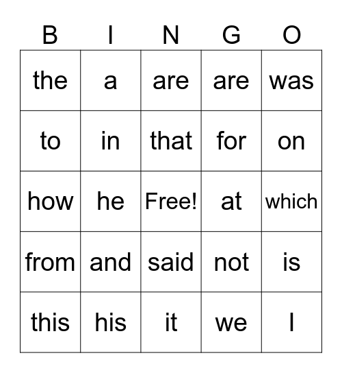 Fry Sight Words 1-20 Bingo Card