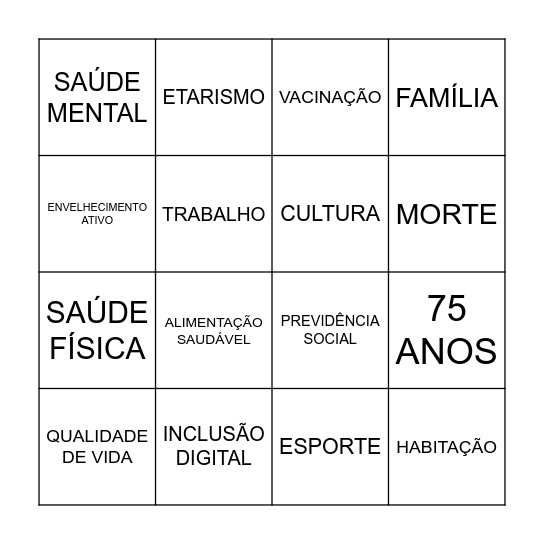 BINGO DA TERCEIRA IDADE Bingo Card